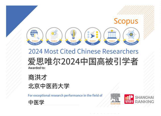喜报！北京中医药大学东方医院院长商洪才连续五年入选爱思唯尔“中国高被引学者”榜单(图1)