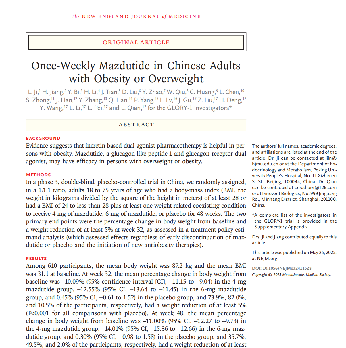 中国自主开发减重药登顶NEJM：全球首创GCGGLP-1双靶点药物破解肥胖代谢难题(图1)