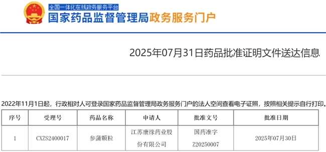 B体育：康缘药业1类新药参蒲颗粒获批上市(图1)